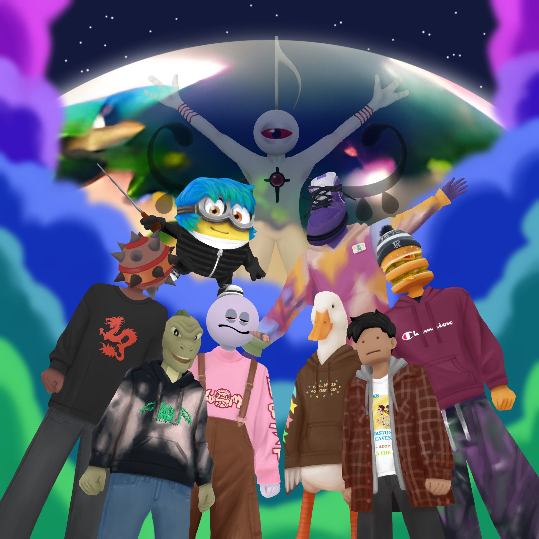 Colorful album cover art showing a group of stylized cartoon figures posing together under a cosmic sky, with a large, symbolic figure with outstretched arms and a red eye floating above them, set against a vibrant, dreamy background of clouds and stars.