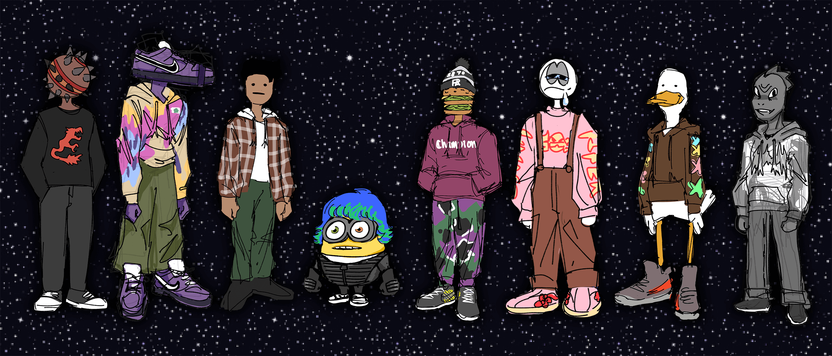 Cartoon illustration of eight characters standing side by side against a starry space background. The characters have surreal designs,each character wears distinct streetwear-style clothing, showing diverse and playful styles.
